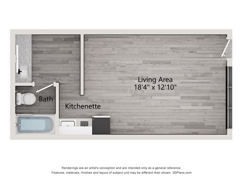 Floor plan for studio, 1 bath, 334 sqft